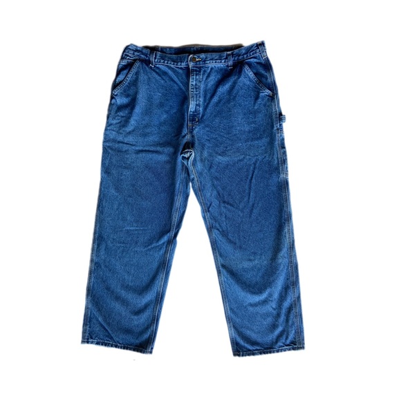 Vintage Carhartt Mens 42x30 Distressed Spell Out Wide Leg Dungaree Jeans Blue